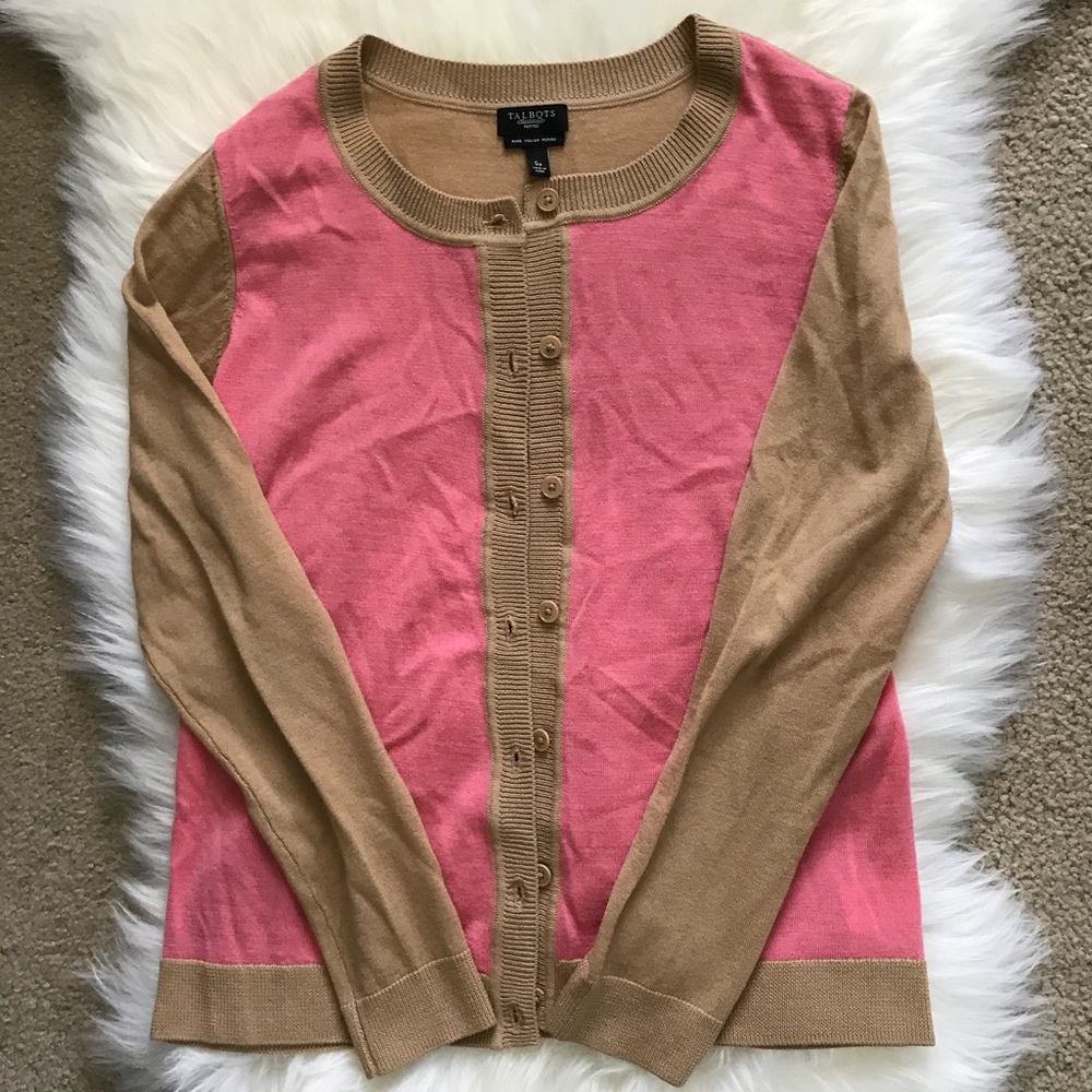 Talbots SP Merino Wool Pink/Tan Cardigan